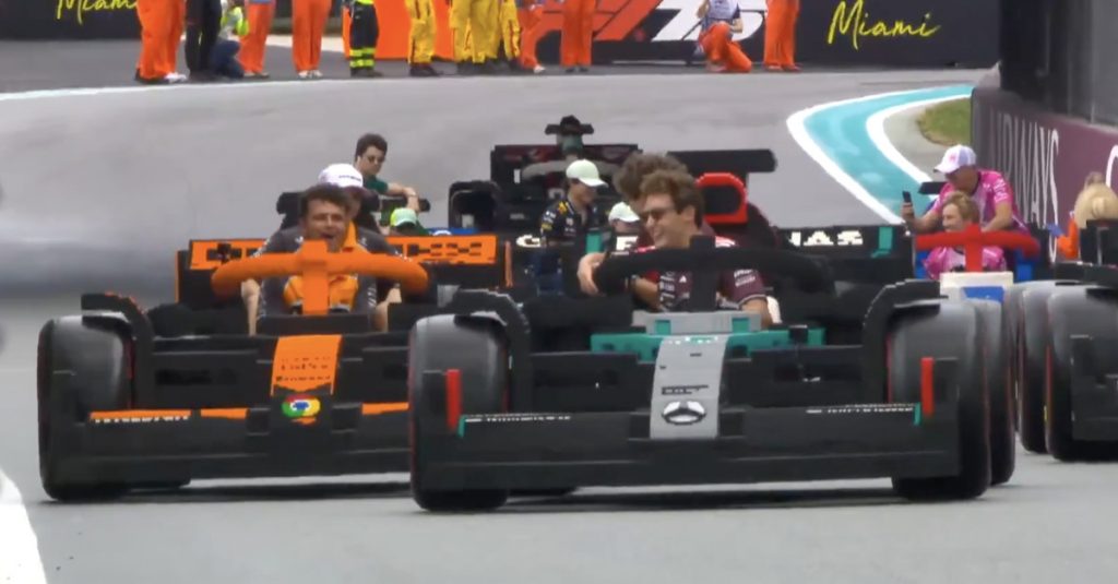 The drivers’ parade at the F1 Miami Grand Prix looks a little different, thanks to LEGO