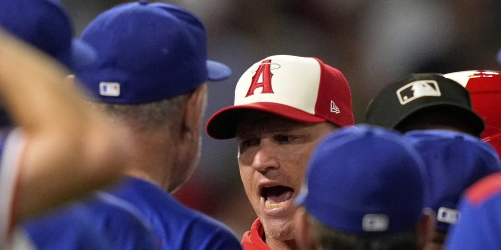 Angels, Rangers benches clear after Trout hit by pitch