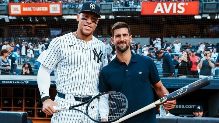 Novak Djokovic throws first pitch before Red Sox-Yankees, poses with Judge