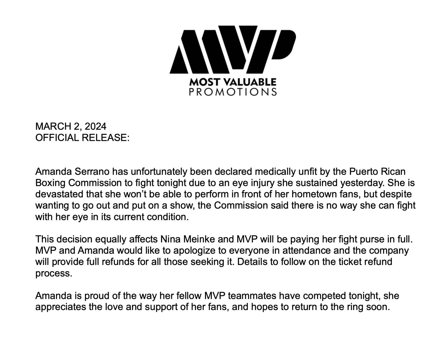 Most Valuable Promotions releases statement on Serrano vs. Meinke fight cancellation Most Valuable Promotions releases statement on Serrano vs. Meinke fight cancellation