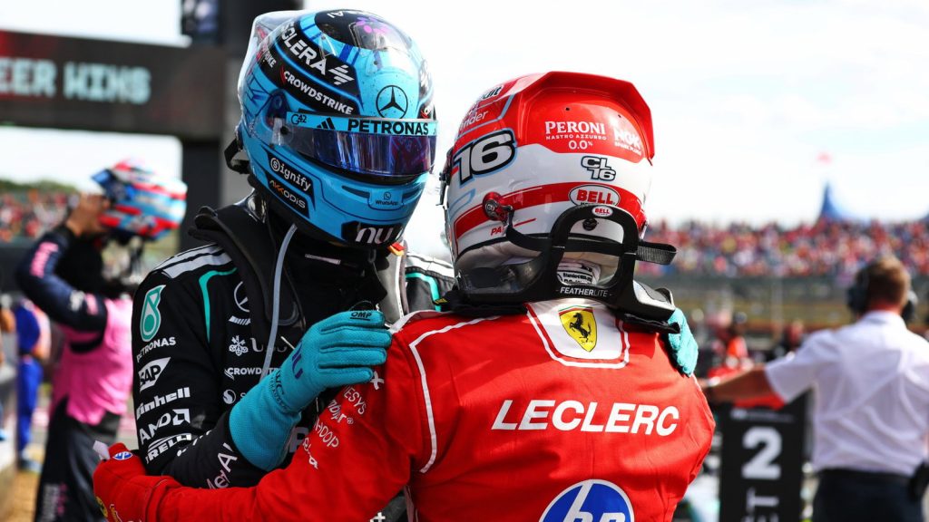 George Russell explains viral Charles Leclerc F1 British GP cooldown room moment George Russell explains viral Charles Leclerc F1 British GP cooldown room moment