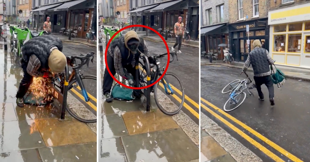 Hooded Thief Steals Bicycle in Seconds Using an Angle Grinder in Broad Daylight