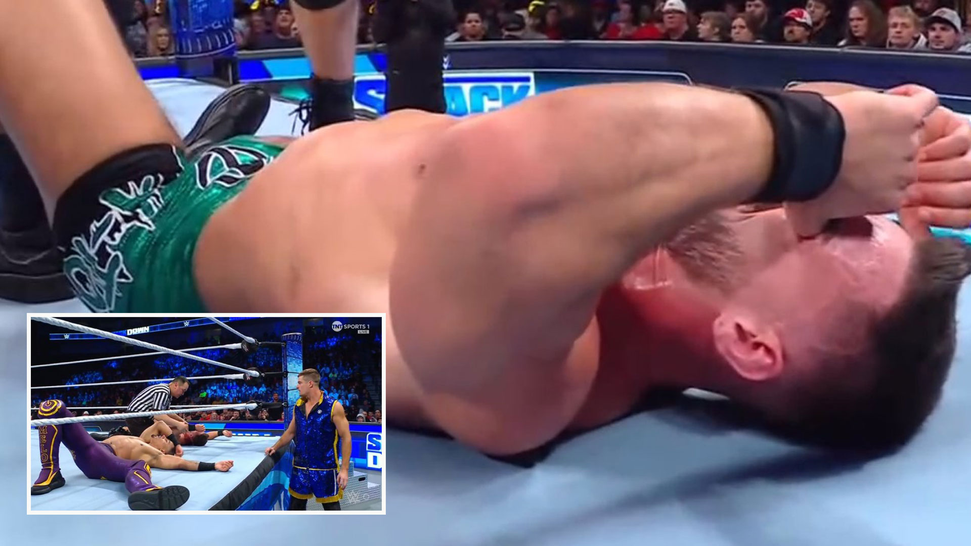 WWE forced to stop match LIVE on air as Austin Theory lands on neck after coming off top rope with Carmelo Hayes