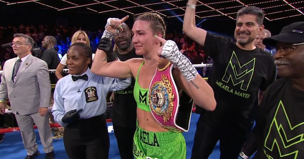 Mikaela Mayer wins title from Sandy Ryan after paint attack controversy