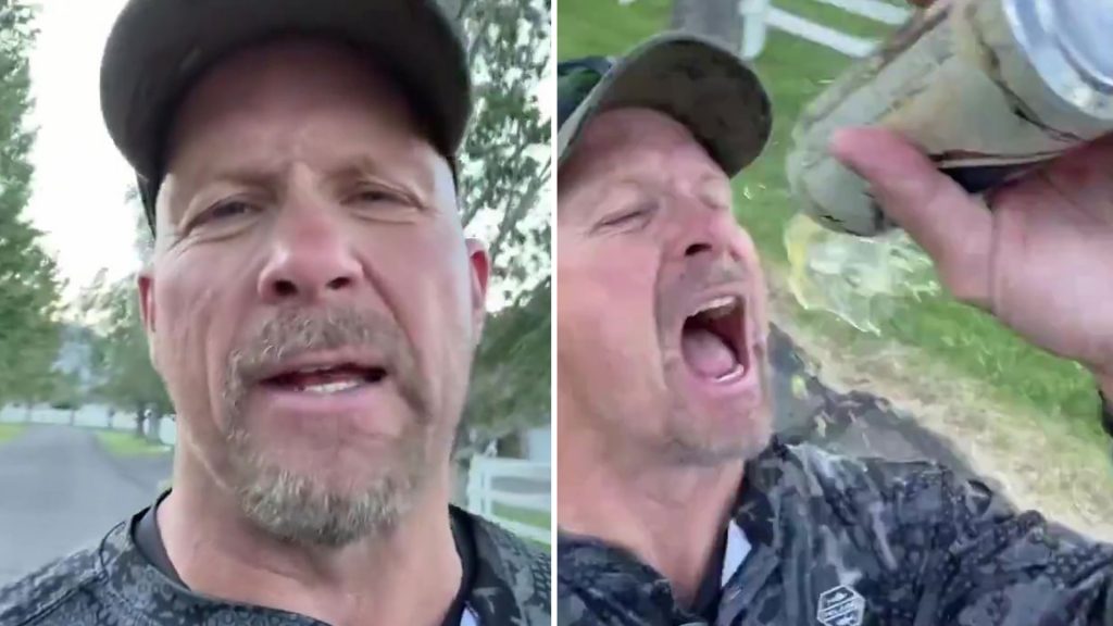 Watch as WWE legend Stone Cold Steve Austin’s attempt to drink a beer goes comically wrong