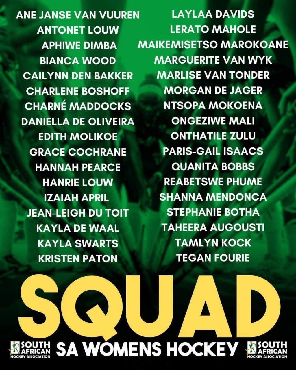South Africa: SA Hockey Women High Performance Squad announced.