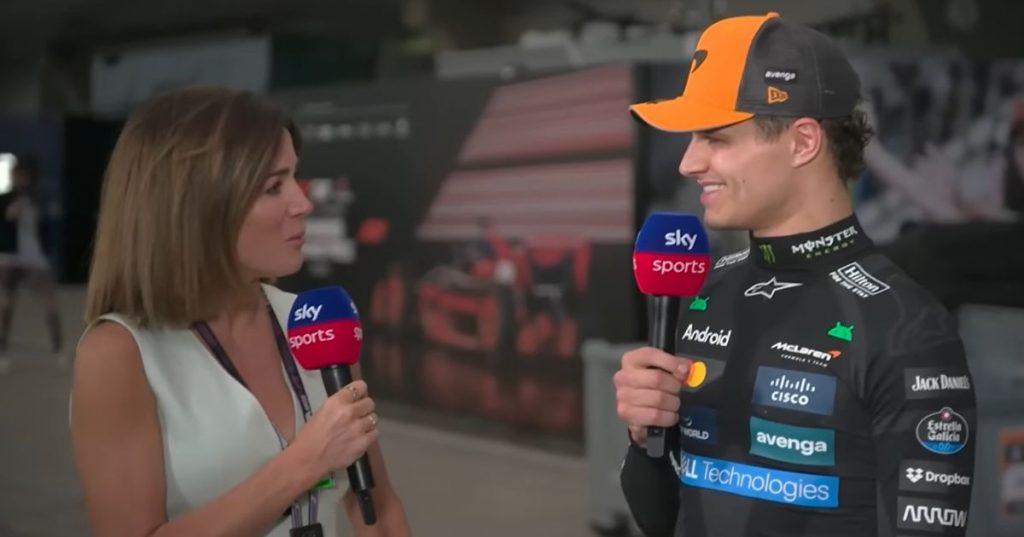 Lando Norris interview paused by Sky Sports F1 host to tell viewers 'don't do that at home'